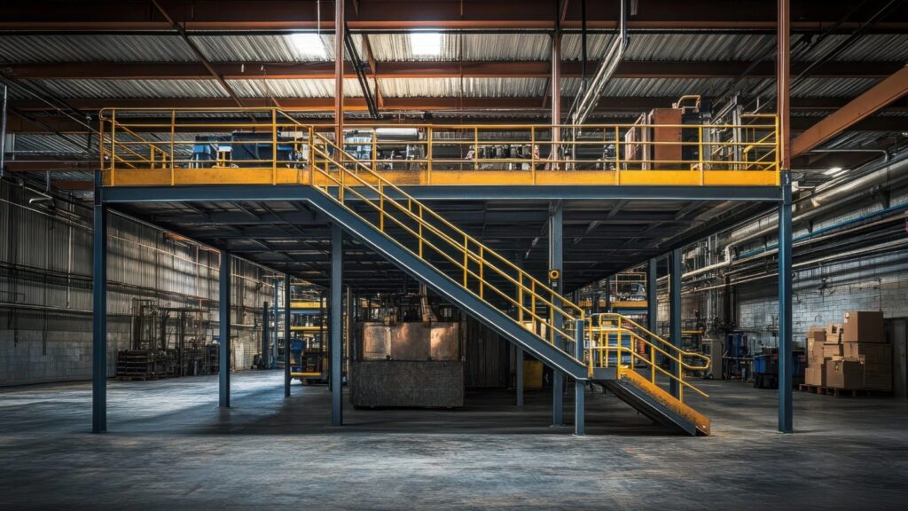  Industrial warehouse mezzanine floor with staircase and safety barriers, adding additional operational workspace